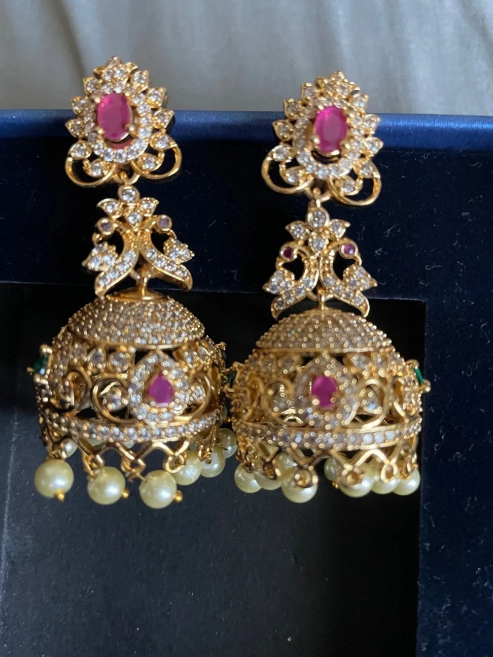 Gold-Tone Pink Stone Jhumka Earrings with Pearl Drops